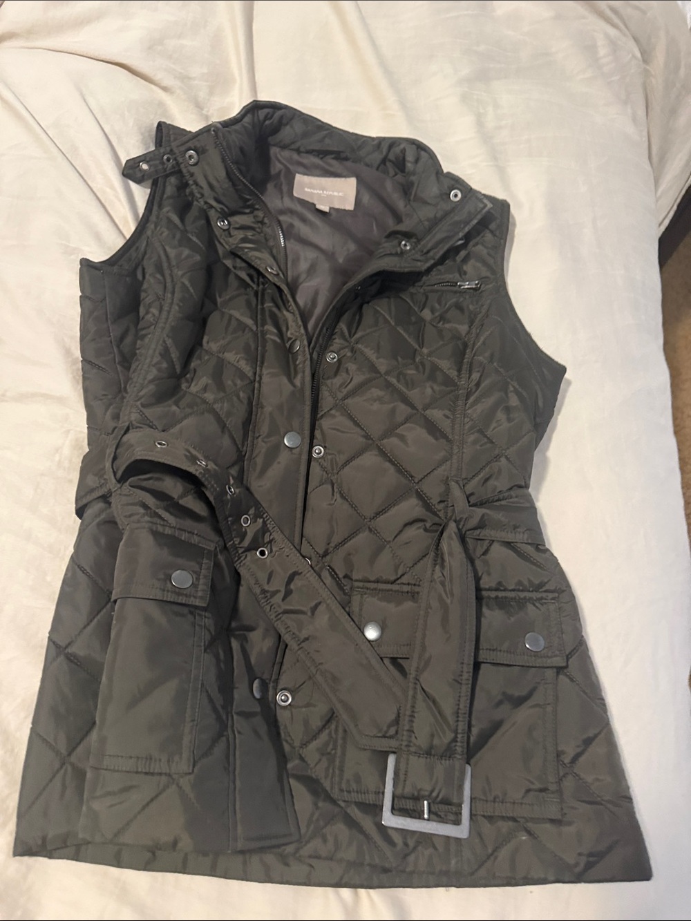 Banana Republic Quilted Olive Belted Vest